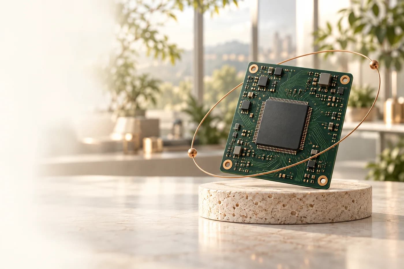 Mạch PCB trên bệ trưng bày trong không gian làm việc AniTech
