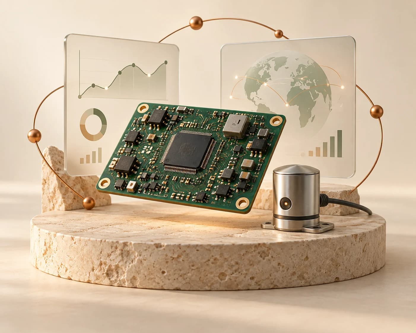 Mạch PCB trên bệ trưng bày với biểu đồ và kết nối IoT