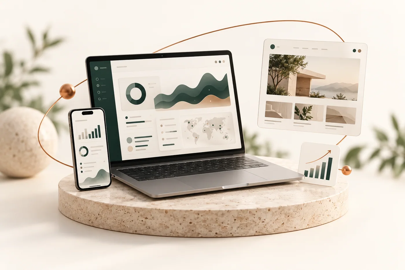 Laptop và điện thoại hiển thị giao diện dashboard Web App